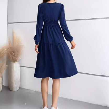 V-neck Solid Color Long Sleeve Waist Dress