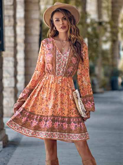 Printed V-neck Waist-controlled Long Sleeves Dress Women - myETYN