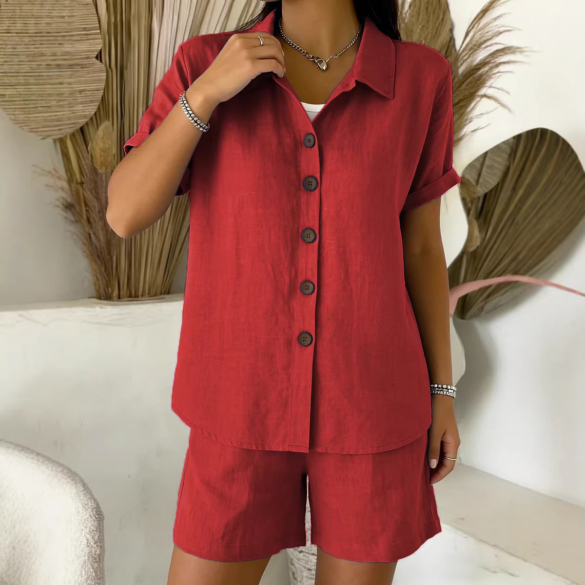 Casual Cotton-Linen Button-Up Shirt & Shorts Set – Breathable Summer Co-Ord for Women