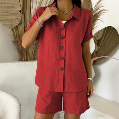 Casual Cotton-Linen Button-Up Shirt & Shorts Set – Breathable Summer Co-Ord for Women