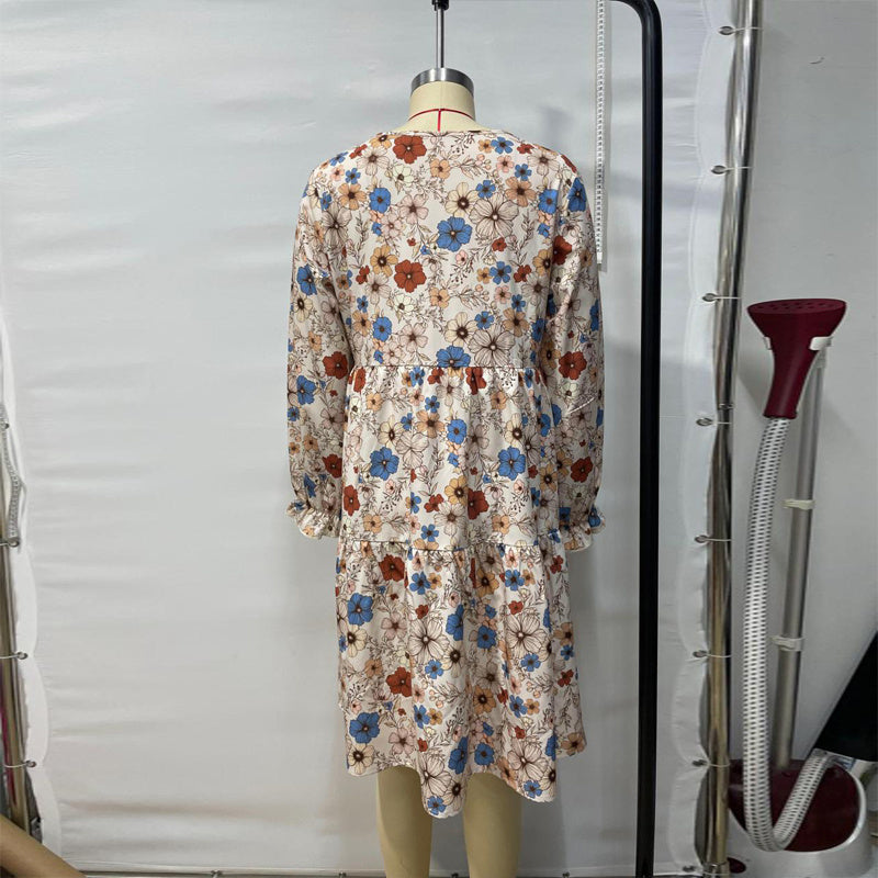 Women's Floral Print Boho Dress – Round Neck, Smocked Cuff, Midi Length