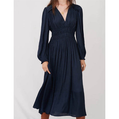 V-neck Waist-controlled Slimming Pleated Long Sleeve Dress