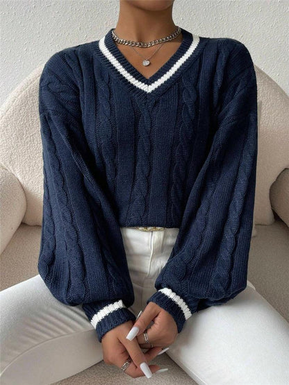 Autumn And Winter Elegant Contrast Color Twisted Loose V-neck Fashion All-matching Women's Sweater