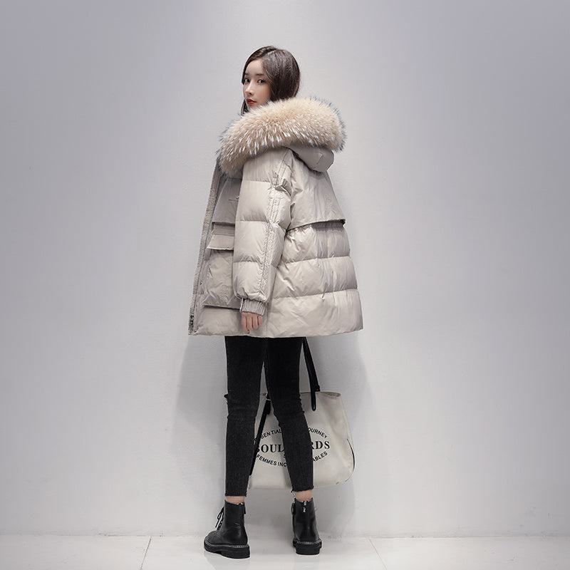Down Jacket Women's Mid-length Raccoon Fur Collar Pie Overcomes White Duck Down