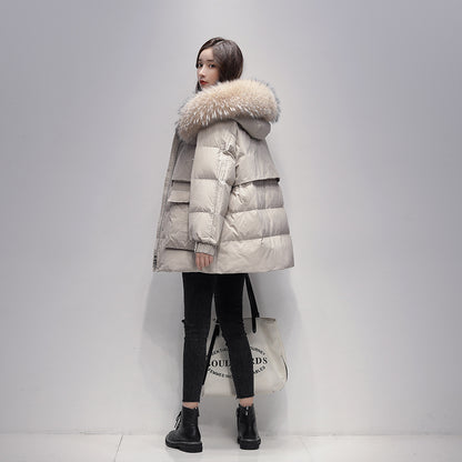 Down Jacket Women's Mid-length Raccoon Fur Collar Pie Overcomes White Duck Down