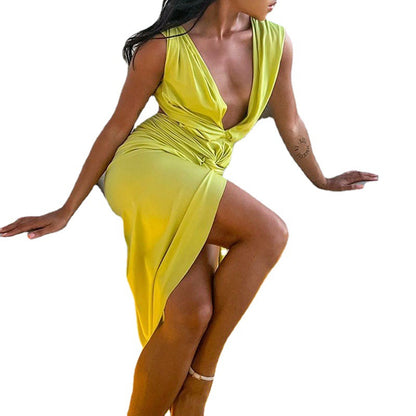 Elegant V-Neck Halter Backless Pleated High Waist Dress