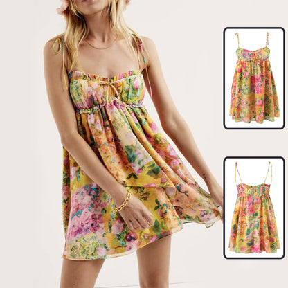 Women's Y2K Floral Print Suspender Dress - Summer Fashion Ruffled Beach Holiday Short Dress