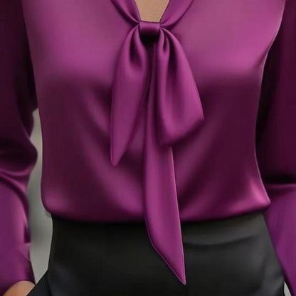 Women’s Elegant Satin Blouse with Ribbon Tie – Long Sleeve Button-Down Office Shirt | Business Casual Silk-Look Top