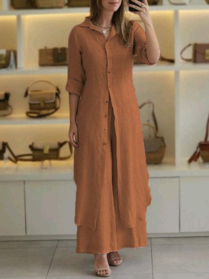 Urban Elegant Cotton And Linen Slim-fit Waist-tight Long Shirt Wide-leg Pants Suit