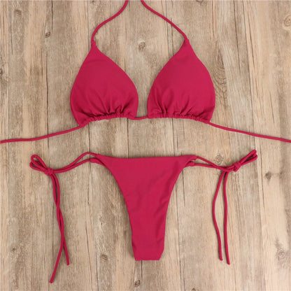 2pcs Halterneck Lace - up Bikini Women Summer Solid Color Sexy Split Strap Adjustable Swimsuit Suit - myetyn