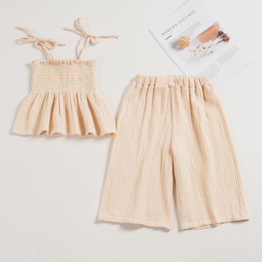 Girls' Beige Solid Color Cotton Suspender Trousers