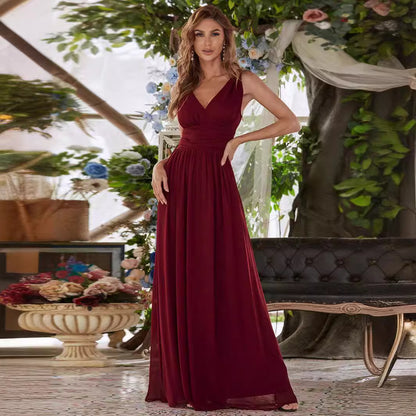 Deep V-Neck Bridesmaid Plus Size High Waist Evening Dress