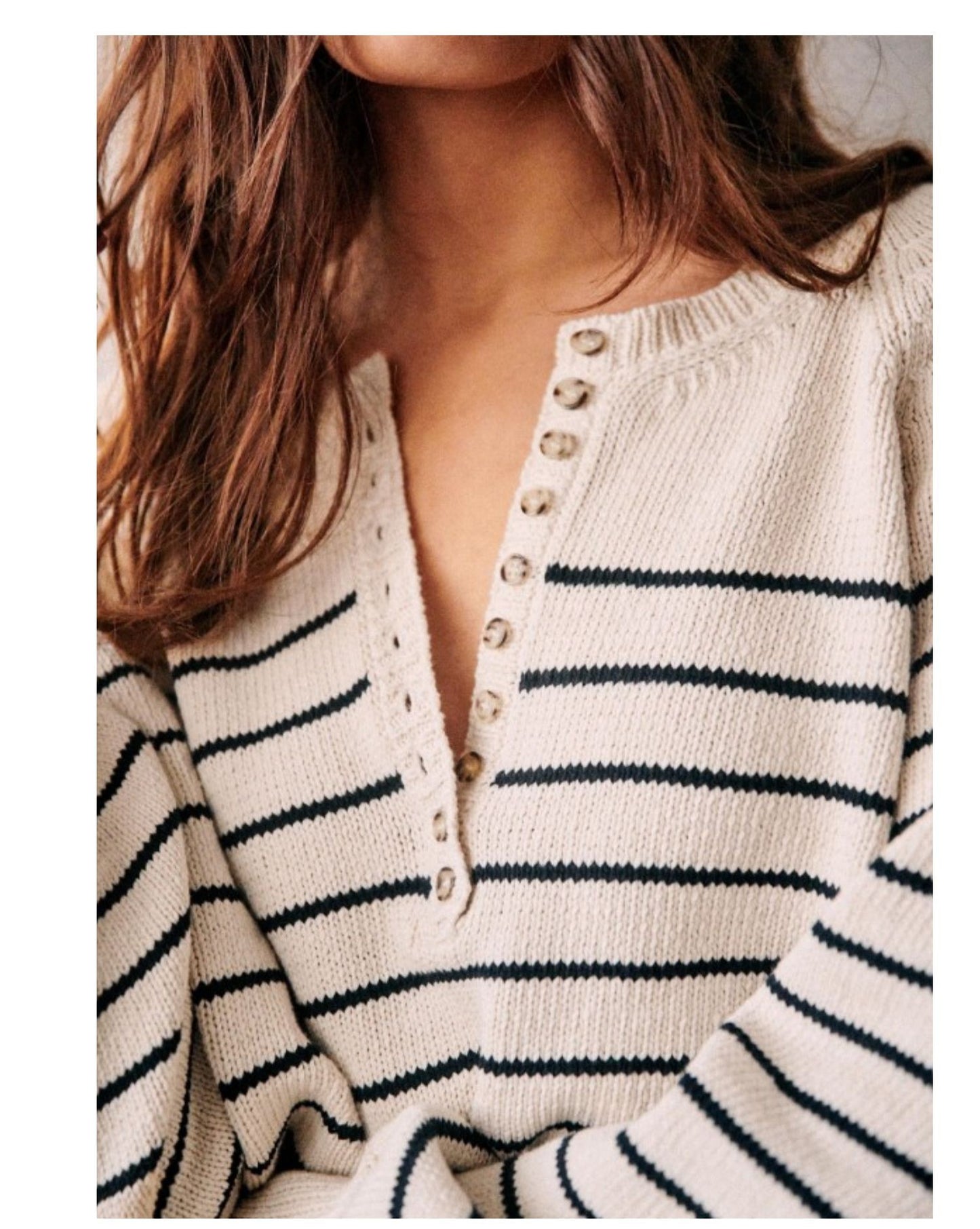 Women’s Vintage Striped Button-Up Sweater – Long Sleeve Round Neck Puff Sleeve