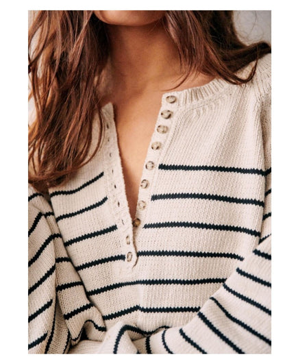 Women’s Vintage Striped Button-Up Sweater – Long Sleeve Round Neck Puff Sleeve