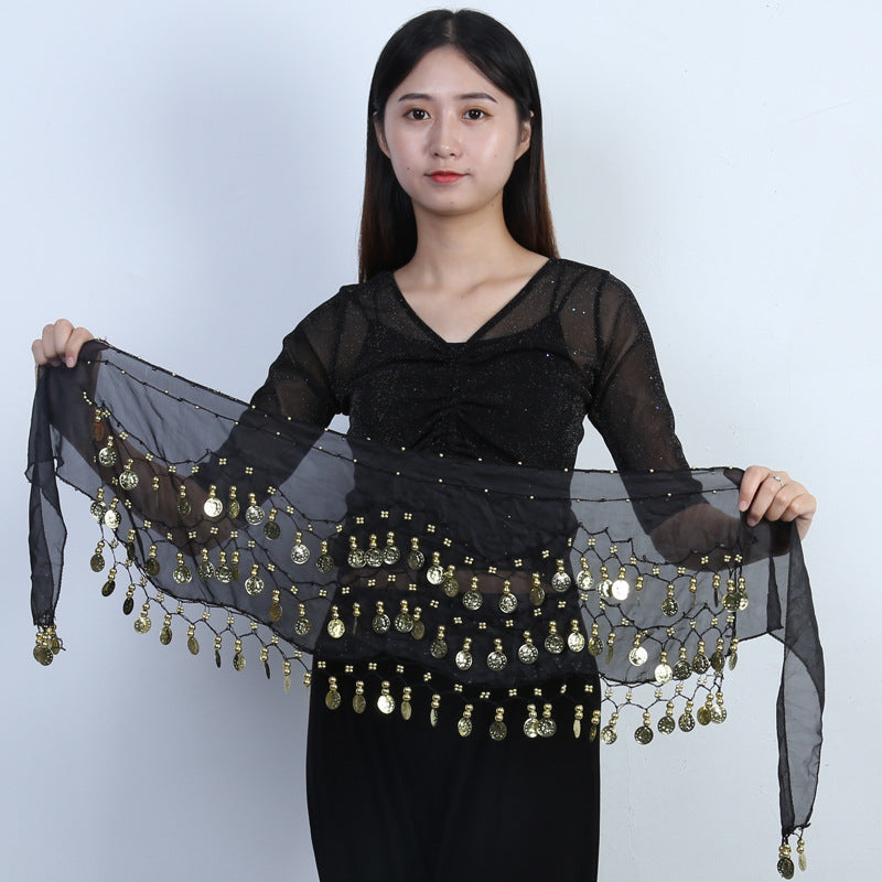 98 Coins Belly Dance Waist Chain Chiffon Three-layer Gold Coin Belt Indian Dance Exercise And Performance Hip Scarf Scarf