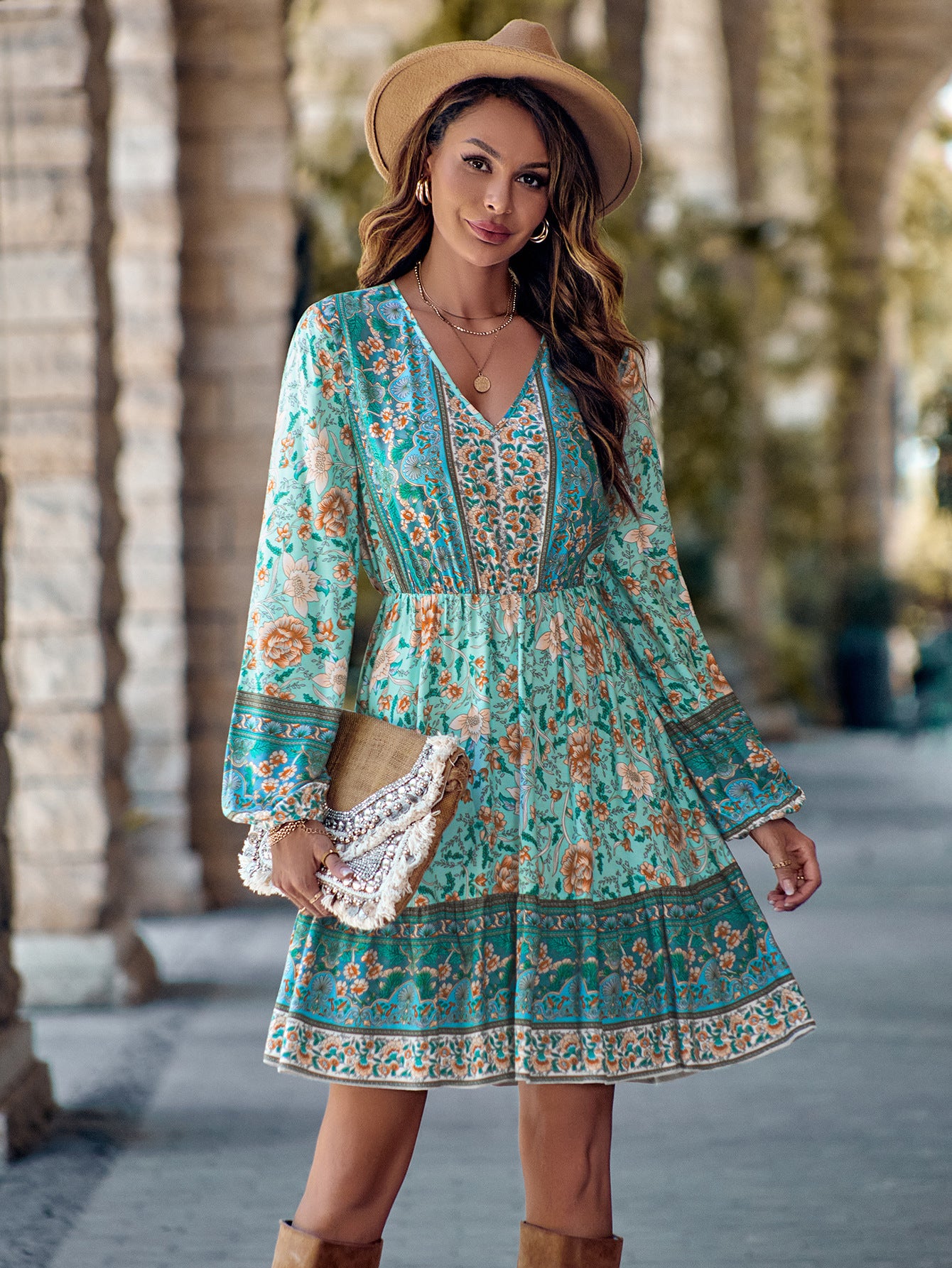 Printed V-neck Waist-controlled Long Sleeves Dress Women - myETYN