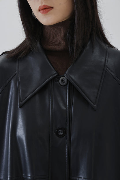 Women's Mid-Length PU Leather Trench Coat – Elegant Square Collar Jacket