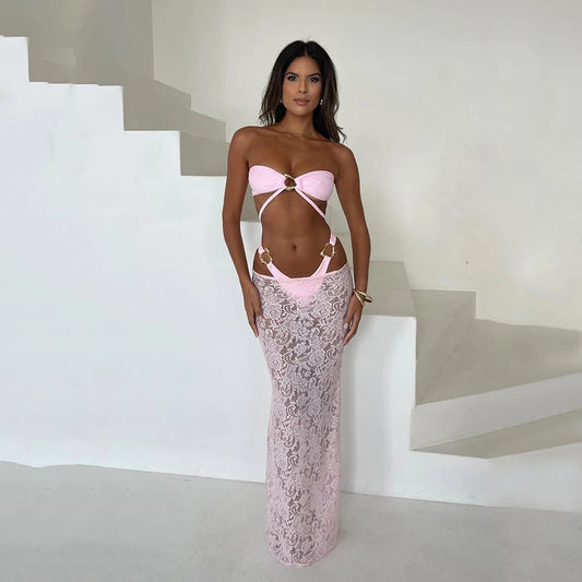 Bikini Tube Top Women's Swimsuit Long Skirt 3 Pieces Suit