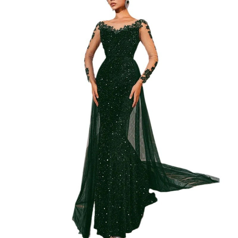 Women’s Lace Party Evening Dress – Long Sleeve Mid-Waist Maxi Gown