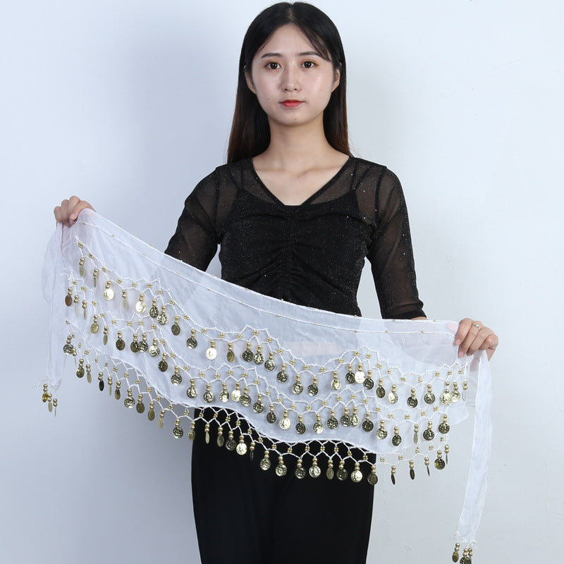 98 Coins Belly Dance Waist Chain Chiffon Three-layer Gold Coin Belt Indian Dance Exercise And Performance Hip Scarf Scarf