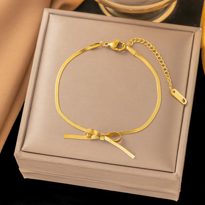 Gold Plated Stainless Steel Snake Chain Necklace with Bowknot Charm - Trendy Choker for Women