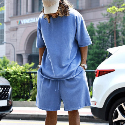 2pcs Loose Sports Suits Summer Round Neck Short - sleeved T-shirt And Drawstring Pockets Shorts Casual Solid Color Set Mens Clothing - myetyn