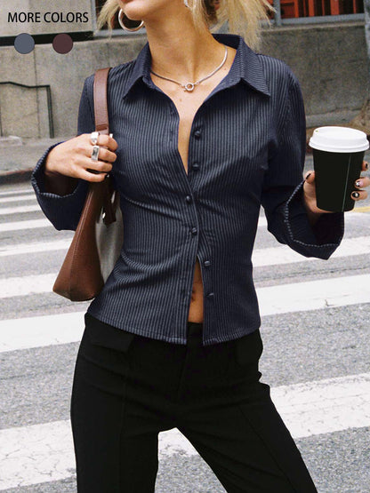 Lapel Breasted Cardigan Long Sleeve Shirt Slim Striped Top