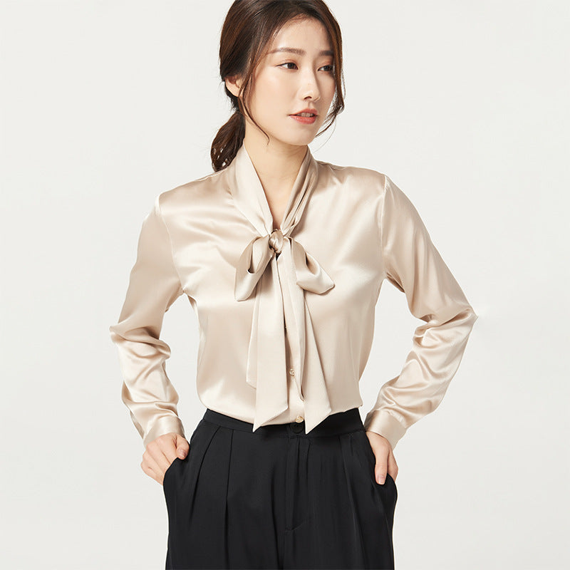 Women’s Long Sleeve Silk Shirt | Elegant V-Neck Plain Silk Blouse