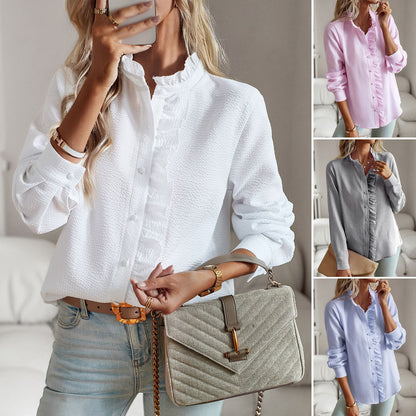 Women’s Striped Ruffle Blouse – Elegant Long Sleeve Button-Up Office Shirt