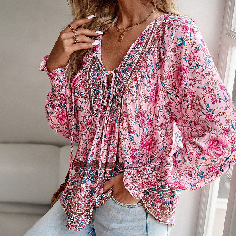 Wpmens Boho Chic Long Sleeve Blouse Floral Print V-Neck Top With Lace-Up & Drawstring Detail Elegant Vacation Shirt