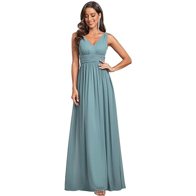 Women’s Deep V-neck Sleeveless Chiffon Maxi Evening Dress – Elegant Formal Long Gown