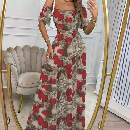 Women's Summer Vacation Dress - Printed One-Shoulder Short-Sleeve Long Dress with Hollow Waist Design