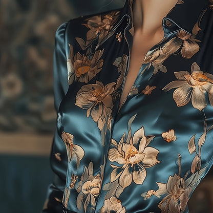 Women’s Elegant Satin Lapel Long Sleeve Shirt – Tapered Waist Design with Luxurious Sheen