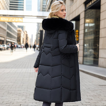 Women’s Winter Long Coat with Thickened Fur Collar – Slim Cotton-Padded Jacket