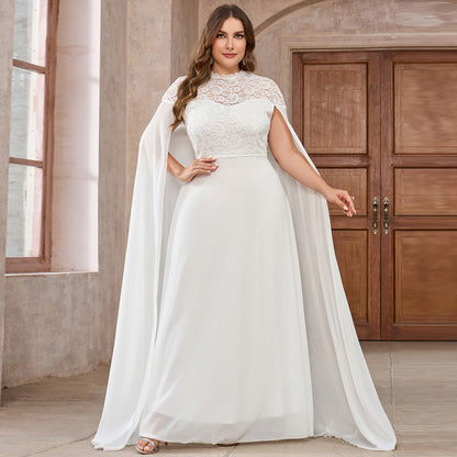 Women’s Plus Size Chiffon Round Neck Lace Cloak Evening Dress – Long White Gown