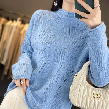 Women’s Half High Collar Wool Pullover Sweater – Autumn &amp; Winter Hollow Knit Design