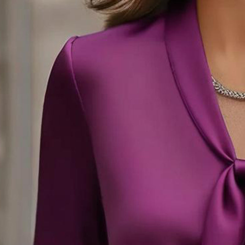 Women’s Elegant Satin Blouse with Ribbon Tie – Long Sleeve Button-Down Office Shirt | Business Casual Silk-Look Top