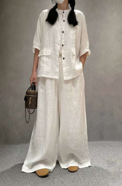 Women's Linen Co-Ord Set | Half Sleeve Shirt & Wide-Leg Pants
