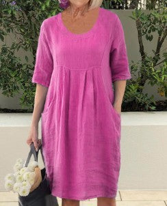 Women's Long Sleeve Round Neck Pocket Solid Color Dress