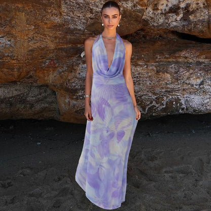 2pcs Tie Dye Printing Deep V - neck Suits Fashion Halter Backless Long Dresses For Beach Party Womens Clothing - myetyn