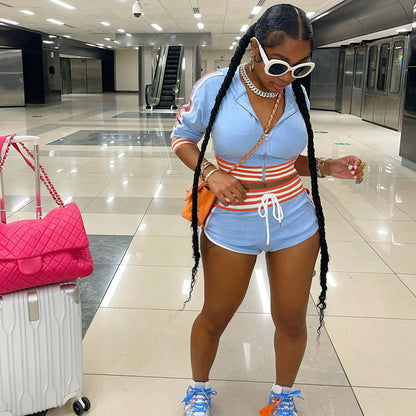 Contrast Sport Zip Cardigan Top Two Piece Sports Style Suit