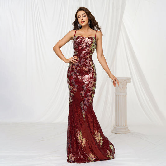 Sling Off-Neck Sheath Sequined Banquet Fishtail Evening Dress