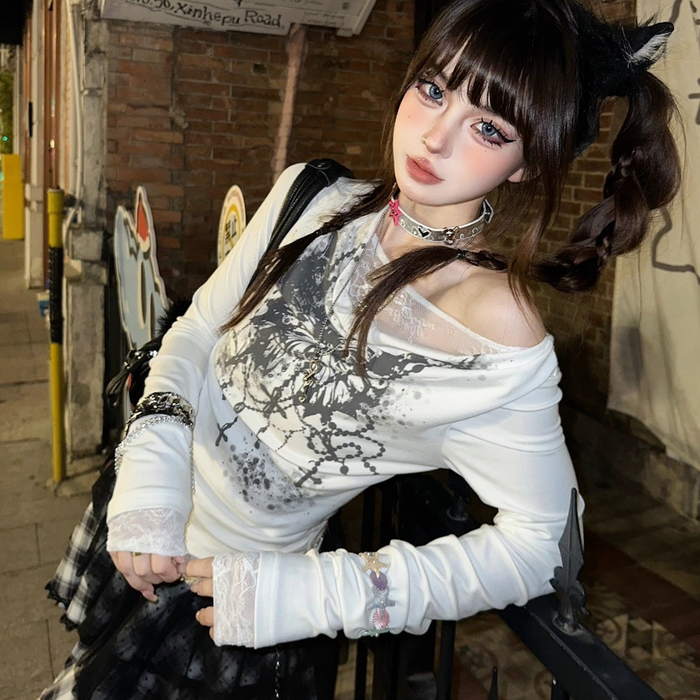 Lace Stitching Women's Long-Sleeved V-Neck Inner Match Top