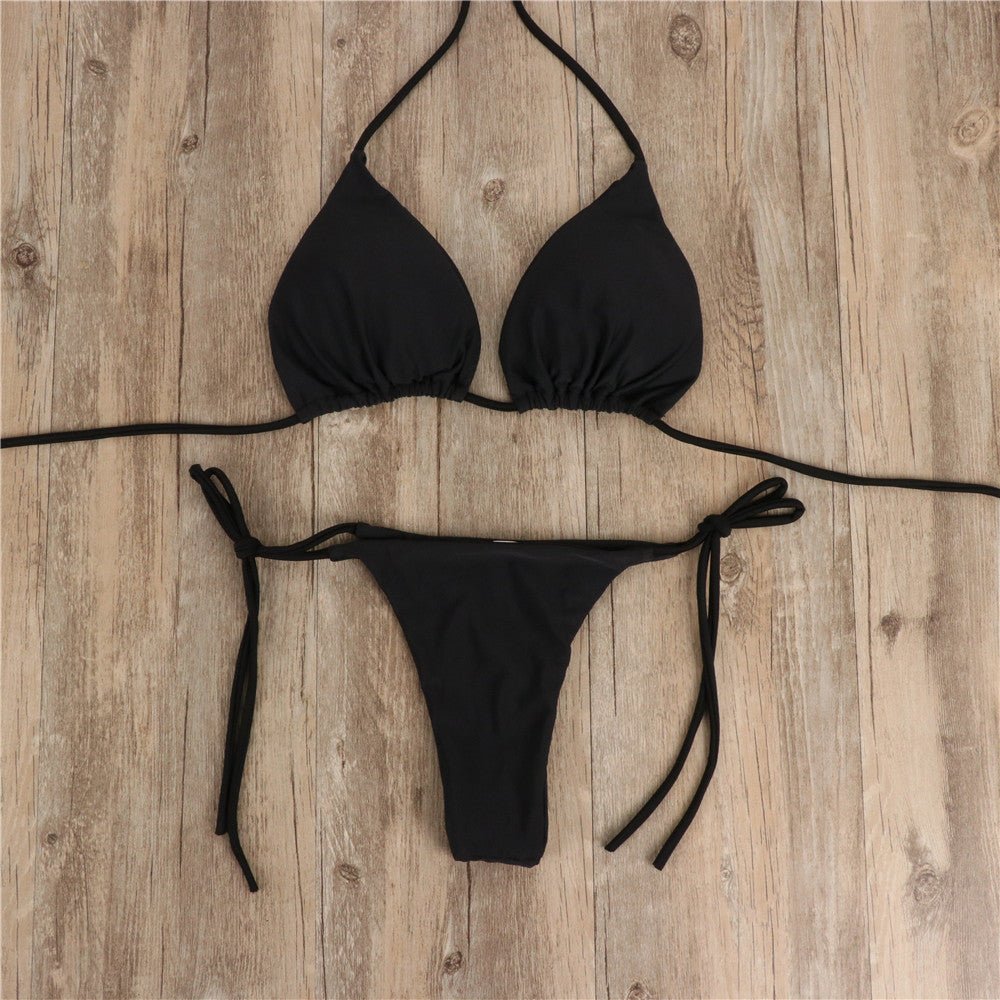 2pcs Halterneck Lace - up Bikini Women Summer Solid Color Sexy Split Strap Adjustable Swimsuit Suit - myetyn