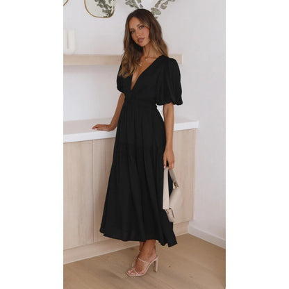 V-neck Waist-tight Mid-length Dress