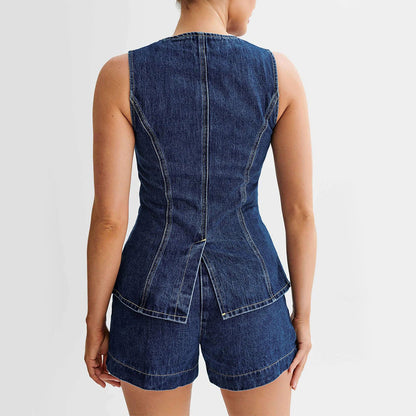 Fashion Denim Suit - Summer Casual Sleeveless Button Vest Top and High Waist Shorts Set for Women