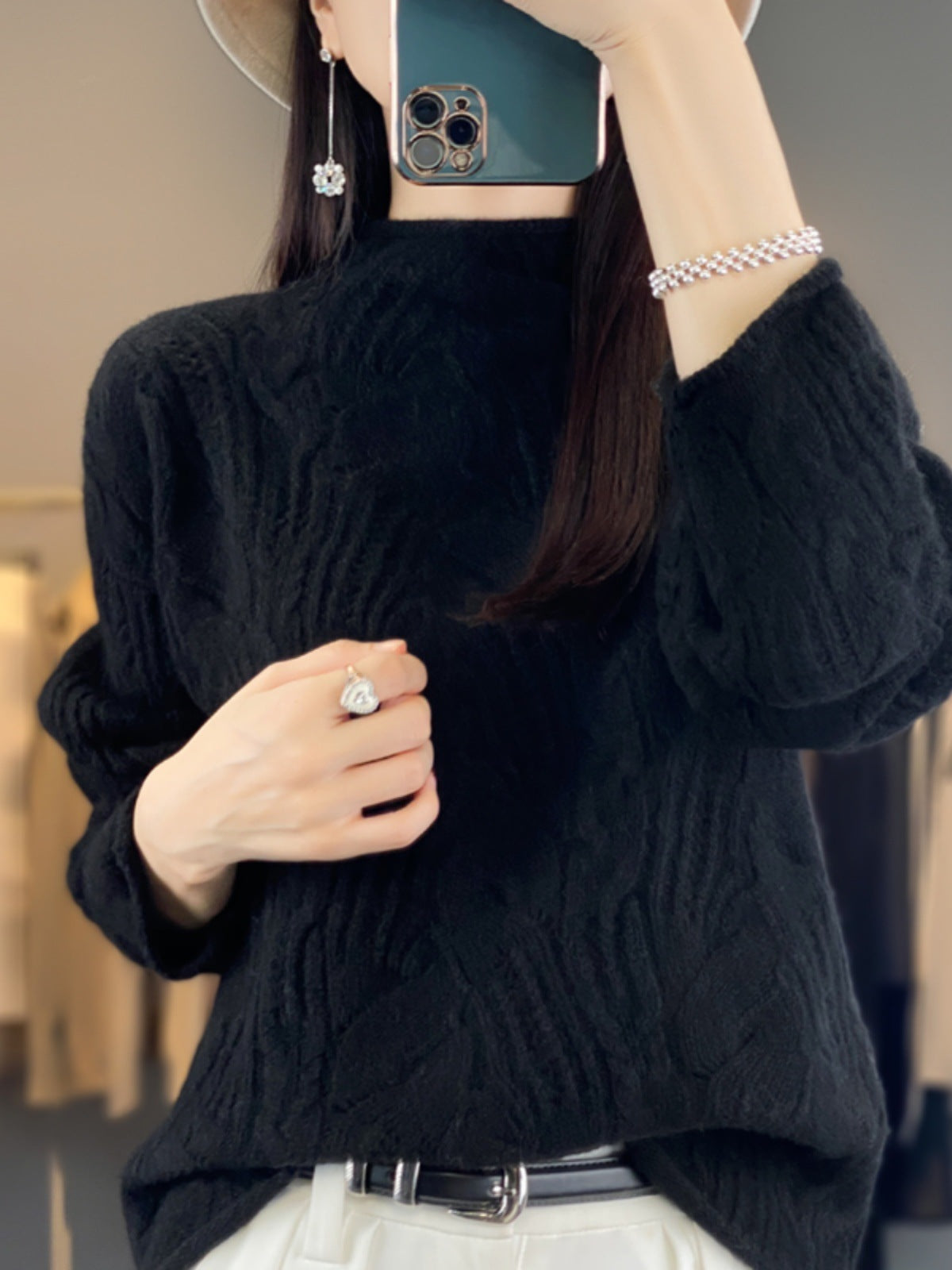 Women’s Half High Collar Wool Pullover Sweater – Autumn &amp; Winter Hollow Knit Design
