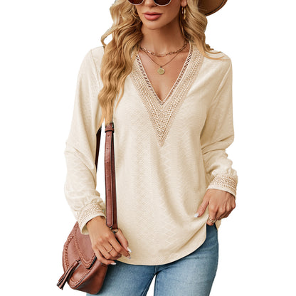 Lace Stitching V-neck T-shirt Loose Long-sleeved Solid Color Top For Women