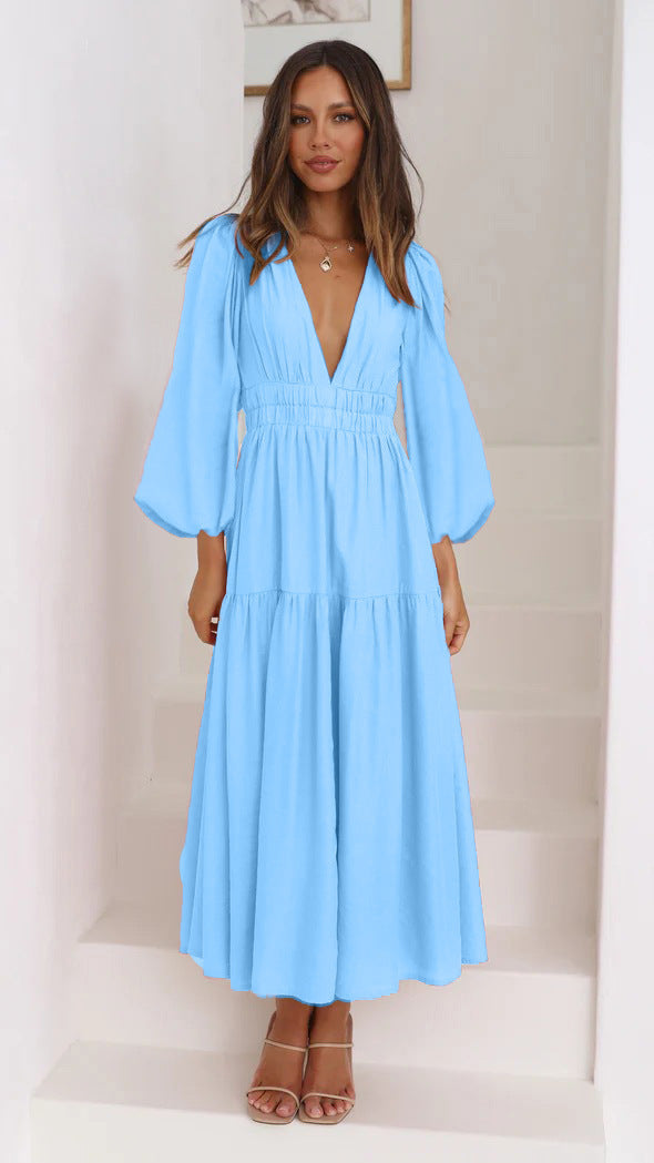 V-neck Waist-controlled Long Sleeves Dress Women