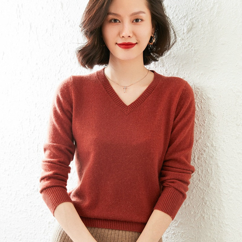 Women’s V-Neck Cashmere Sweater – Solid Color, All-Match Style